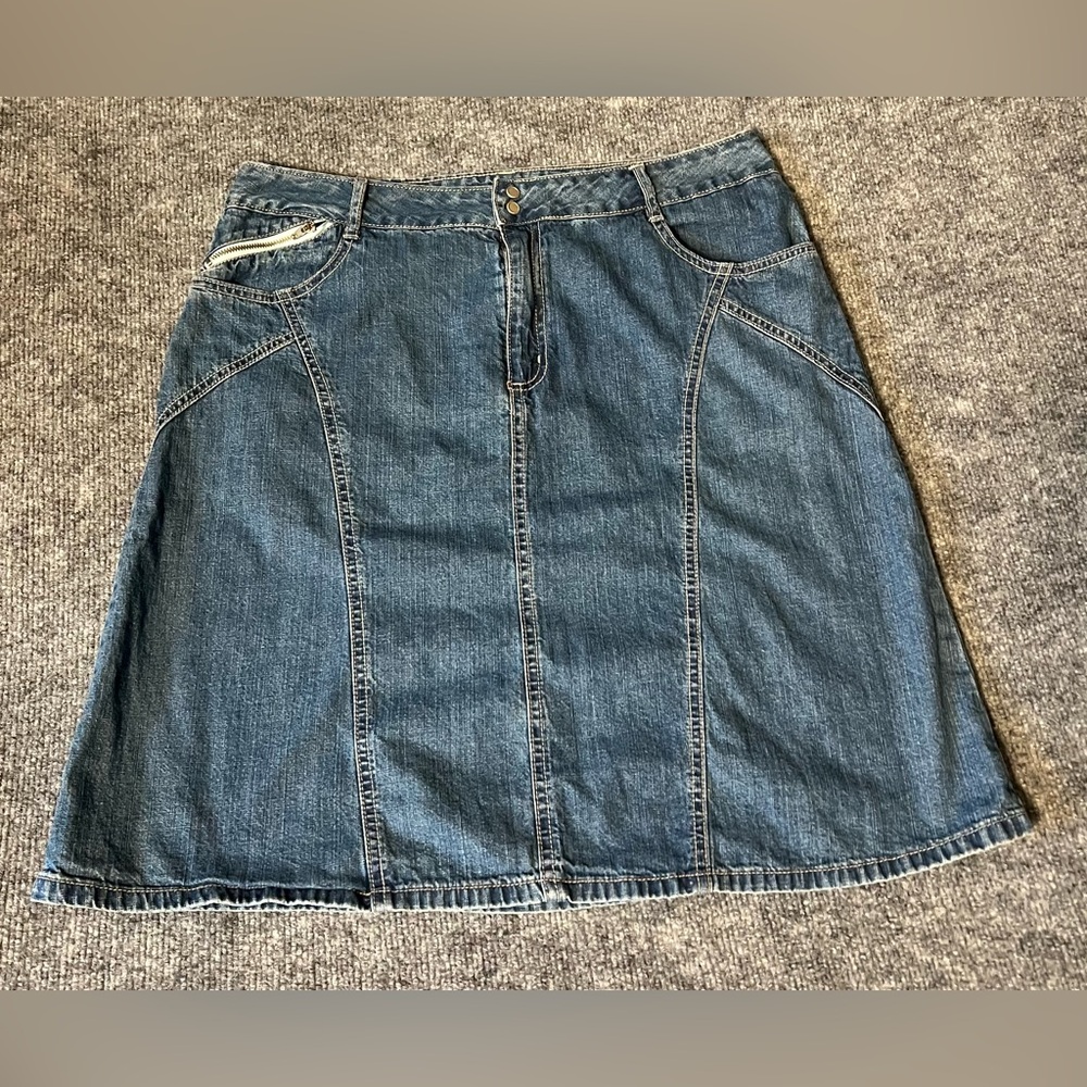 French Cuff Women’s Denim Jean Mini Skirt Coquette Sz12 Pockets Knee Length blue